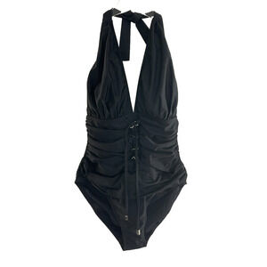 Bleu Rod Beattie 8 One Piece Swimsuit Halter Shirred Lace Up Waist Slimming Swim